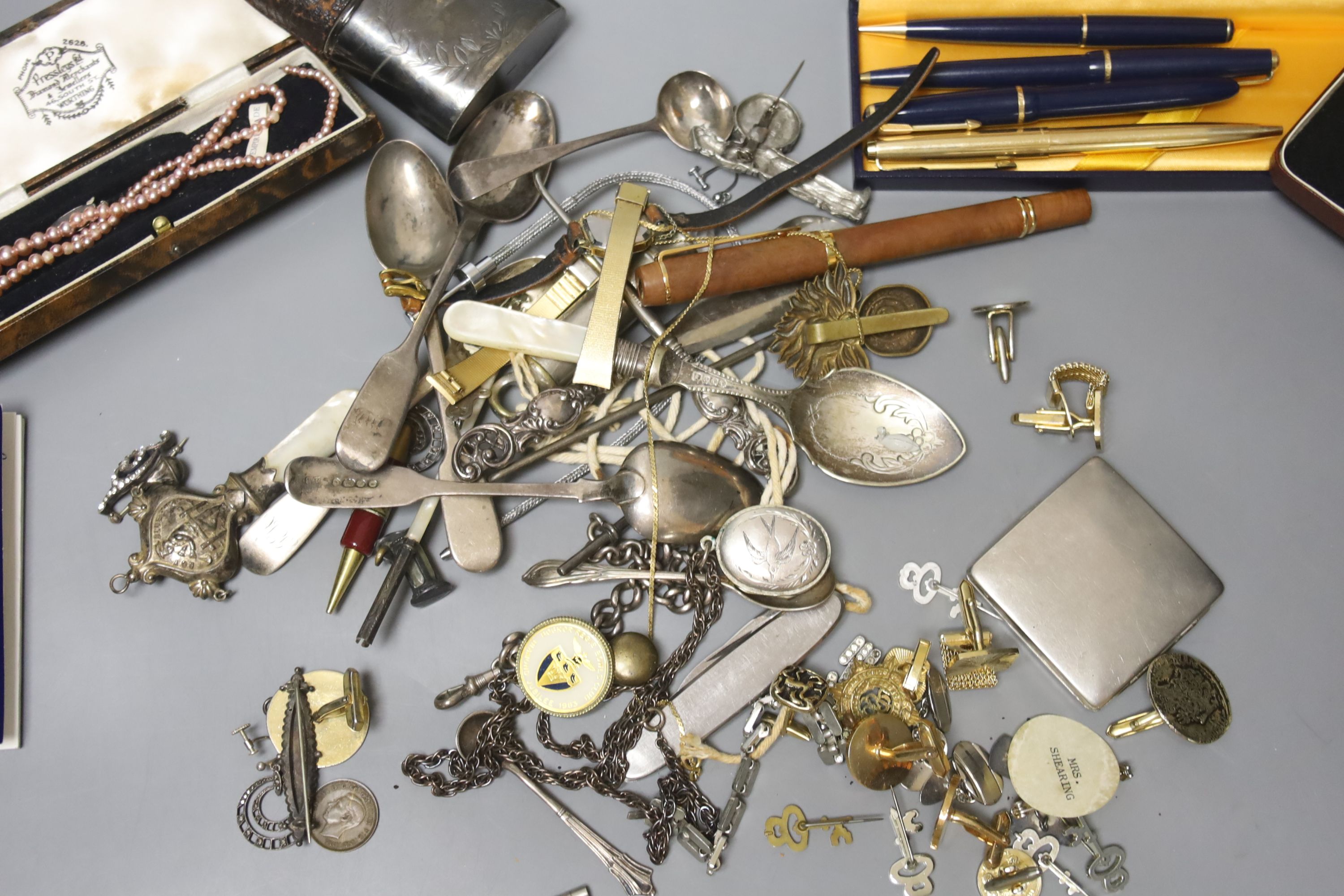 Assorted silver flatware, jewellery, fountain pens and sundries